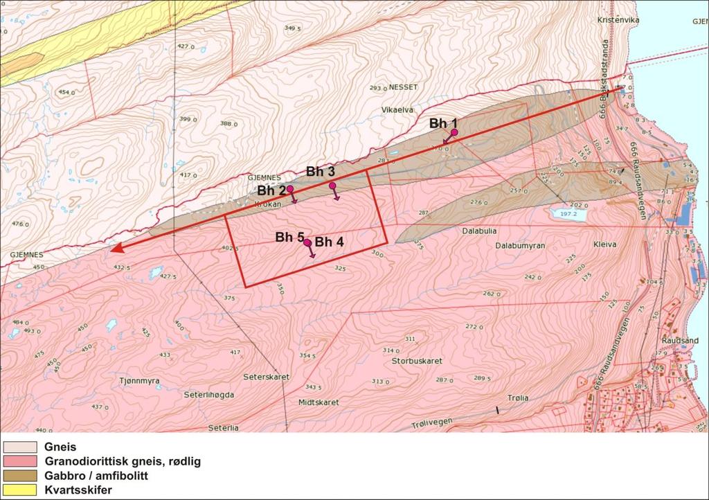 Figur 4. Geologisk kart over Raudsandområdet. Figur 5 viser deler av det magnetiske kartet fra helikoptermålingene i 2016.