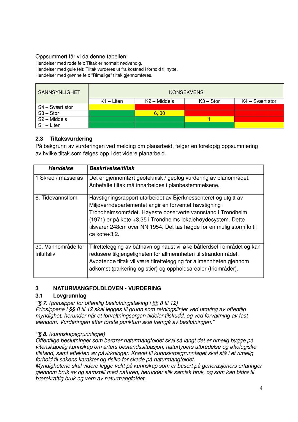 Oppsummert får vi da denne tabellen: Hendelser med røde felt: Tiltak er normalt nødvendig. Hendelser med gule felt: Tiltak vurderes ut fra kostnad i forhold til nytte.