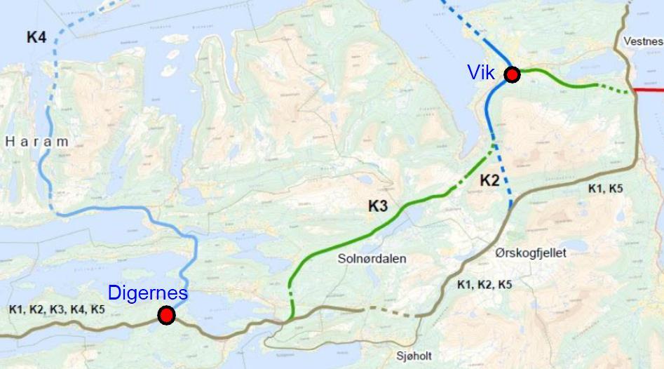 E39 Digernes - Vik Utredninga er et tillegg til KVUen og skal i utgangspunktet ta for seg konsept K2 og K3 inkl.