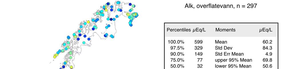 TA-2361/2008 Figur 4. Kart over konsentrasjon av Ca (mg/l) i 297 norske innsjøer i perioden 2004-2006.