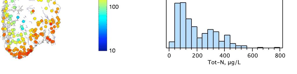 TA-2361/2008 Figur 14. Kart over konsentrasjon av målt NH4 (µg N/L) i 297 norske innsjøer i perioden 2004-2006.