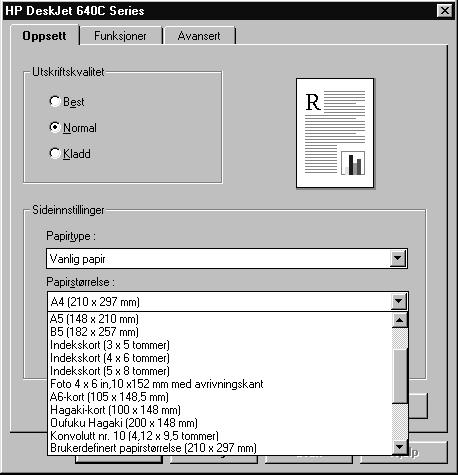 Skrive ut på ulike papirstørrelser Som oftest når du skriver ut på vanlig papir, kort, etiketter og konvolutter, velger du en av standardstørrelsene i boksen Papirstørrelse i kategorien Oppsett i