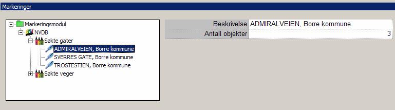 Vinduet Markeringsdialogen består av et tre og en tabell. Treet gjengir strukturen i markeringsmodulen. Tabellens innhold er viser egenskapene til valgt node i treet.