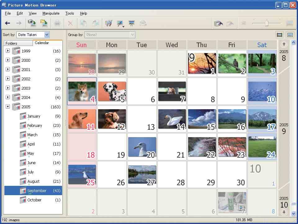 Ordne bilder på datamaskinen i en kalender og vise dem etter opptaksdato. For mer informasjon, kan du se i "Picture Motion Browser Guide".