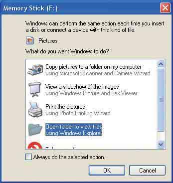 Kopiere bilder til en datamaskinen uten "Picture Motion Browser" 3 Klikk [Open folder to view files] t [OK] (kun for Windows XP) når