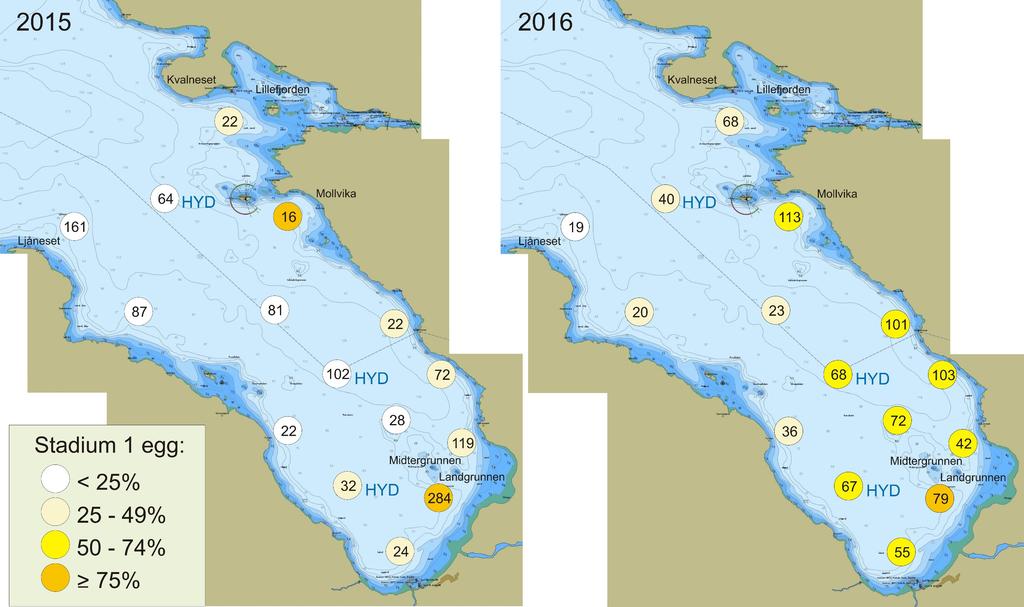 13 Figur 10. Eggdata fra Revsbotn. Til venstre ett tokt i april 2015 og til høyre snitt av tre tokt i perioden april og tidlig mai 2016. Tall i sirkler angir gjennomsnittlig antall egg pr.