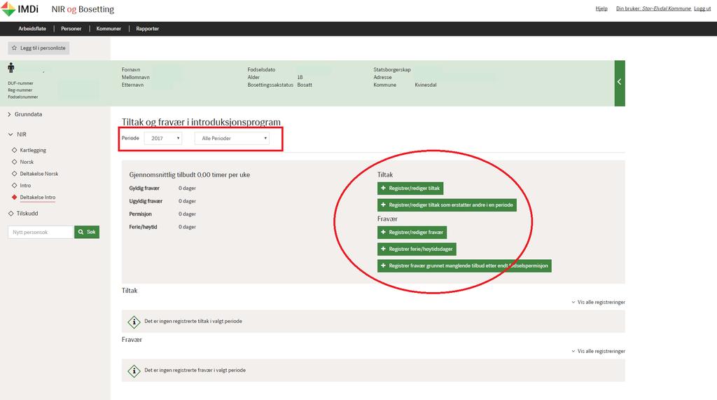 Registrere tiltak og fravær Registrering av innholdet den enkelte person deltar på i introduksjonsprogrammet (tiltak) og fravær gjøres når du har åpnet Deltakelse Intro i venstremenyen.