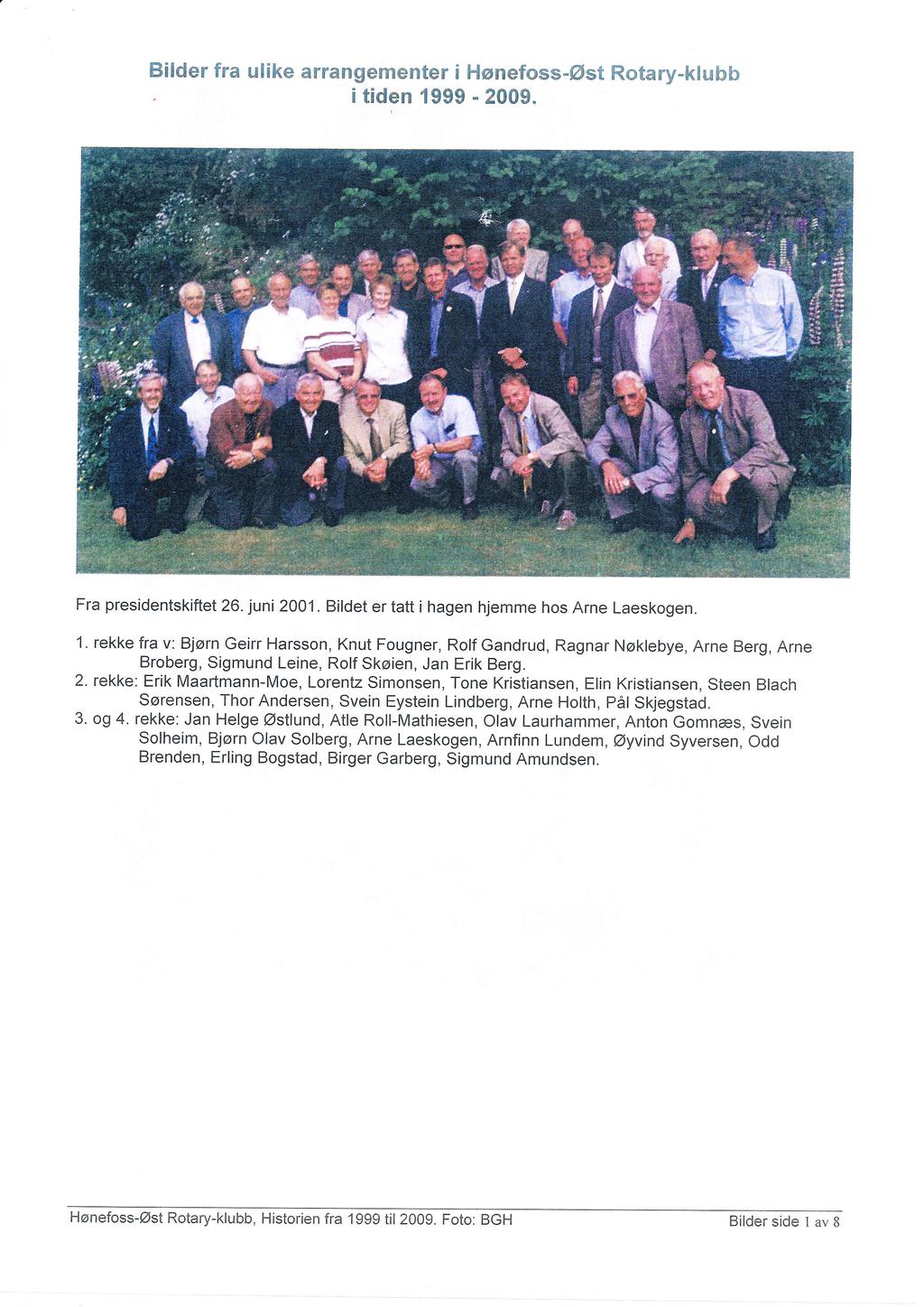 Bilder fra ulike arransrememlålå l-{ønefose-øst Rotary-klubb - 2009. Fra presidentskiftet 26. juni 2001. Bildet er tatt i hagen hjemme hos Arne Laeskogen. 1.