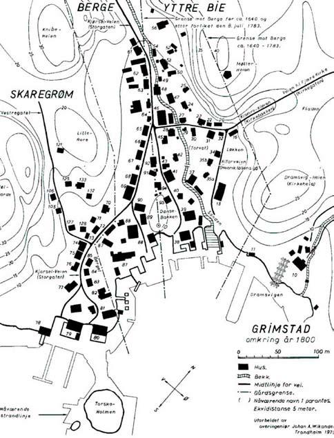 Strandsted og byutvikling Av Jarle Bjørklund «Grimstad» er en sammensetning av gårdsnavnet «Grøm» og gammelnorsk «stø» d.v.s. «landingssted».