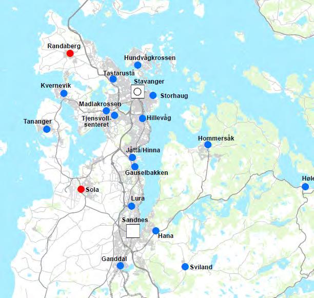 kommunesentra og resterende steder på kartet i figur 2 som lokalsentra. Til sammen utgjør dette en senterstruktur med 20 sentra.