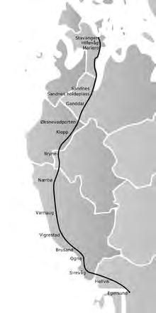 III. Togtilbud på Jæren Om Jærbanen Strekningen Egersund-Stavanger er ca. 73 km lang med 19 mellomliggende stoppesteder. Banen ble åpnet i 1878 og har gjennomgått betydelige endringer siden den gang.