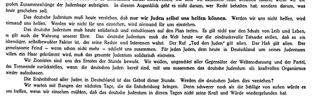 Illustrasjon 6.2: Hovedoppslaget Die Schicksalsstunde des deutschen Judentums fra Jüdische Rundschau 9. november 1923 skrevet av redaktør Robert Weltsch.