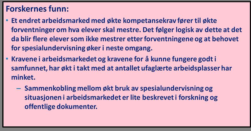 «Det du var inne på nå nylig, det med endret arbeidsliv og krav i arbeidslivet, det kan nok ha ført til mer spesialundervisning, fordi de fins ikke de