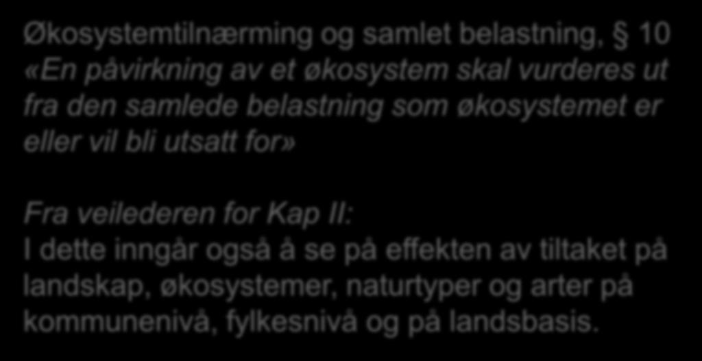 Prinsippet om økosystemtilnærming 10 Presedensvirkninger Første påvirkning siste påvirkning Økosystemtilnærming og samlet belastning, 10 «En påvirkning av et økosystem skal vurderes ut fra den