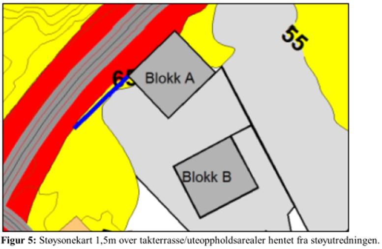 Punktberegninger på fasadene til blokk A viser at det kun er entreen og parkeringsanleggets som blir berørt av rød støysone og ingen av boligfasadene.