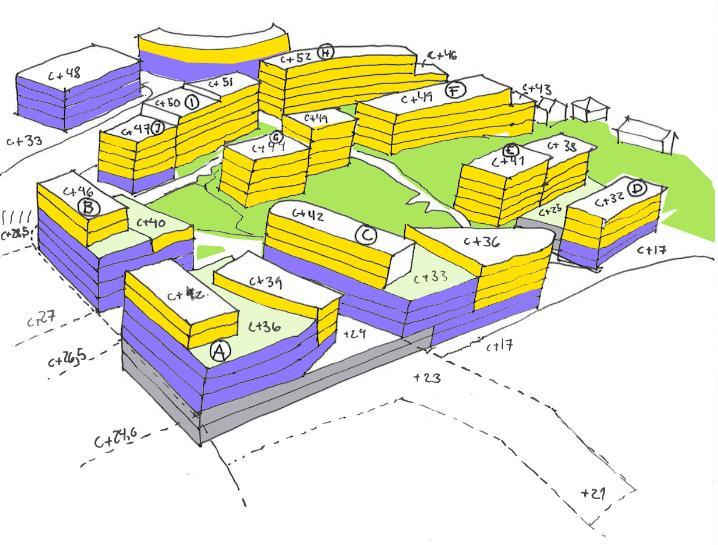 VEDLEGG A: 3D SKISSE AV PLANLAGT OPPFØRT BYGNINGS- MASSE I AKTUELT PLANOMRÅDE FOR STØYBEREGNINGER L K Figur 3: 3D skisse av planlagt oppført bygningsmasse.