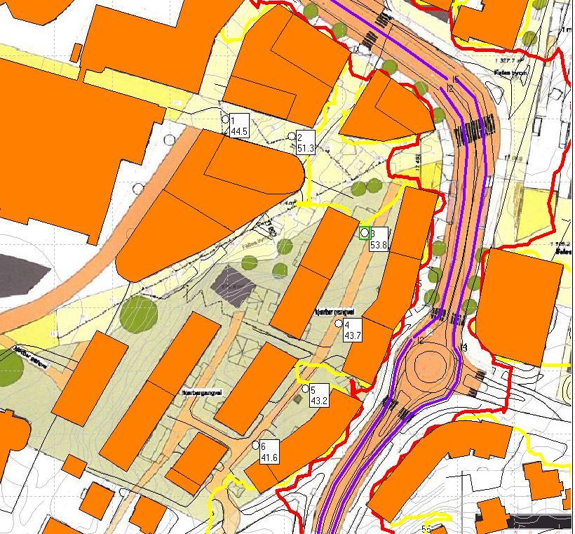 VEDLEGG I: KARTLEGGING AV STØY PÅ UTEOMRÅDER Figur 11: Beregning av støykoter for situasjon etter utbygging, fremskrevet trafikkmengde år 2020. Beregningshøyde 1,6 meter over mark. Frittfeltsverdier.