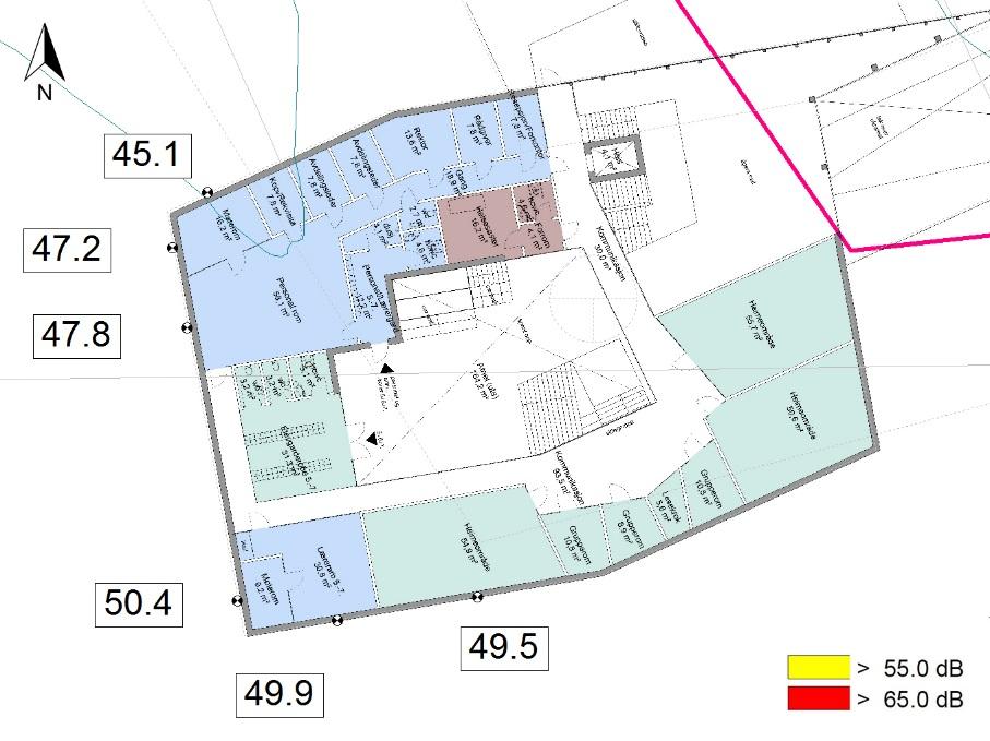 Støyvurdering Julsundet skole 14 Resultater fra detaljerte punktberegninger for 2. etasje i den utvidede delen av skolebygget, etter skjermingstiltak, fremgår av Figur 4-5.