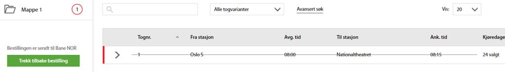 4 Kansellerte / slettede togvarianter En kansellert eller slettet togvariant visualiseres i toglisten med blå farge til venstre i tabellen og med en strek over raden. 5.