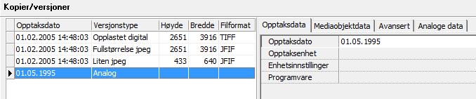 Opptaksdata er informasjon om denne hendelsen. Dersom bildet originalt var analogt ligger denne opplysningen til høyre: Analoge data.