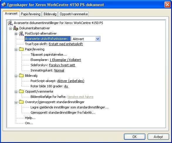 7 Skrive ut Avansert Velg denne kategorien hvis du vil bruke PostScript-alternativene og avanserte programmeringsfunksjoner for utskriftsjobben.