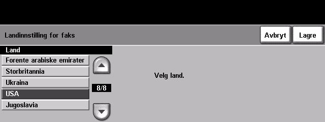 9 Oppsett Landinnstilling for faks Velg landet maskinen er installert i, fra listen over alternativer. Da kan faksmodeminnstillingene stilles inn i samsvar med telefonsystemet i landet.