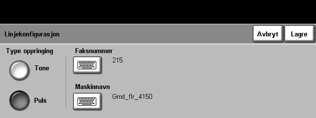 9 Oppsett Linjekonfigurasjon Faksalternativet støtter én analog telefonlinje. Med denne funksjonen kan systemadministratoren konfigurere fakslinjene for det offentlige telefonnettet.