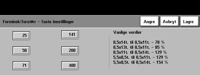 9 Oppsett Faste innstillinger for maskinen Forminsk/forstørr faste innstillinger Med denne funksjonen kan maskinadministratoren stille inn de seks standard gjengivelsesprosentene.