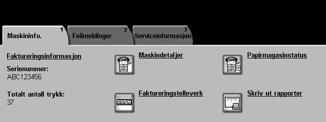 Maskindetaljer Velg Maskindetaljer for å se på nyttig informasjon som er angitt av systemadministrator: Opplysninger om Kundesupport Telefonnummer til ordrekontoret Maskinens serienummer