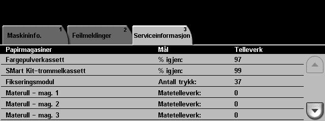 2 Komme i gang Serviceinformasjon Kategorien Serviceinformasjon viser gjeldende status for forbruksartikler som kan skiftes av brukeren og de forbruksartiklene som må skiftes av en tekniker.