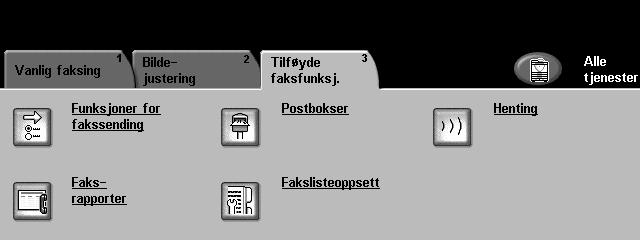 4 Fakse Tilføyde faksfunksjoner I kategorien Tilføyde faksfunksj. finner du flere funksjoner du kan bruke når du skal sende en faks.