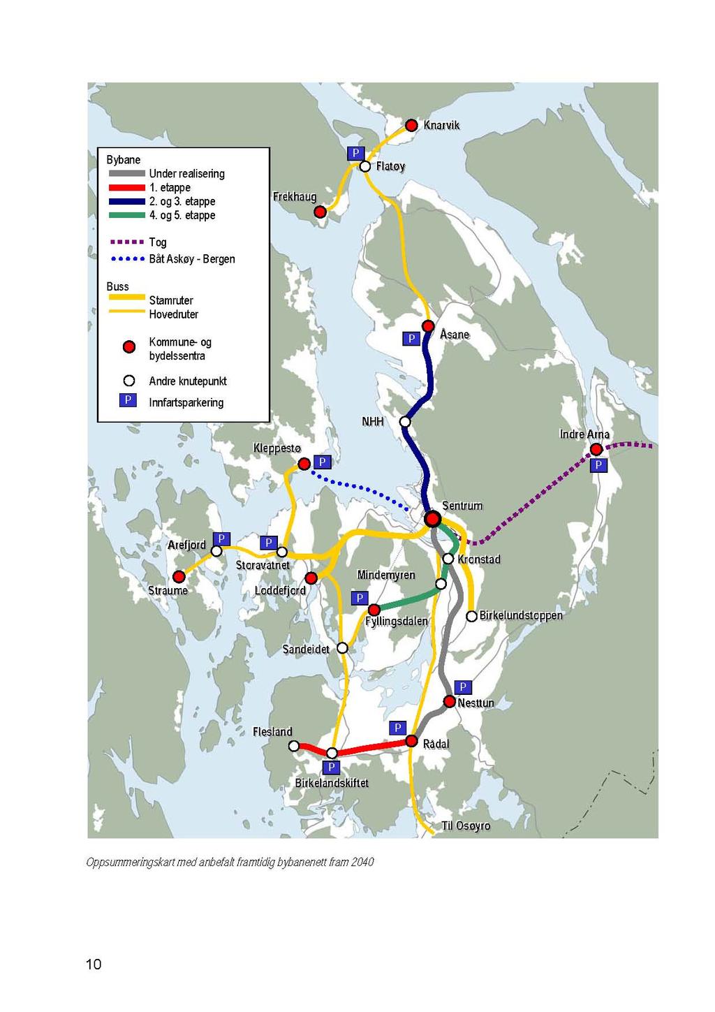 Figur 3: Oppsummeringskart med anbefalt framtidig bybanenett fram til 2040 - henta frå Rapport: Framtidig bybanenett i Bergensområdet Finansiering av vidare utbygging av bybanen.