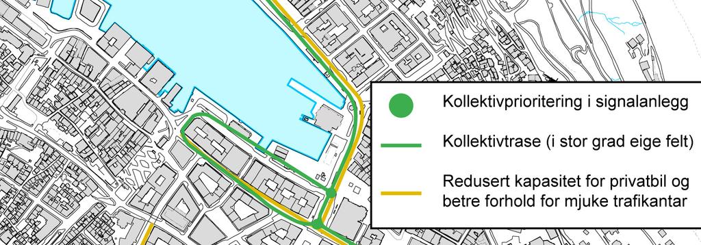 Kollektivprioritering og kollektivtiltak i sentrum Når bybanen opnar sommaren 2010 får den ein eigen prioritert trase gjennom sentrum til endestoppet for første byggetrinn, som er i Starvhusgaten.