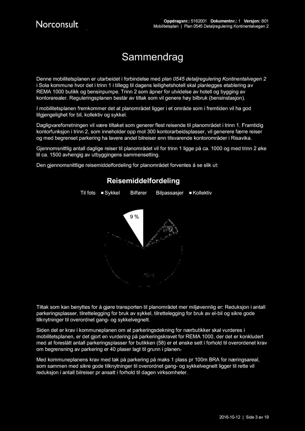 Sammendrag Denne mobilitetsplanen er utarbeidet i forbindelse med plan 0545 d etaljregulering Kontinentalvegen 2 i Sola kommune hvor det i trinn 1 i tillegg til dagens leilighetshotell skal