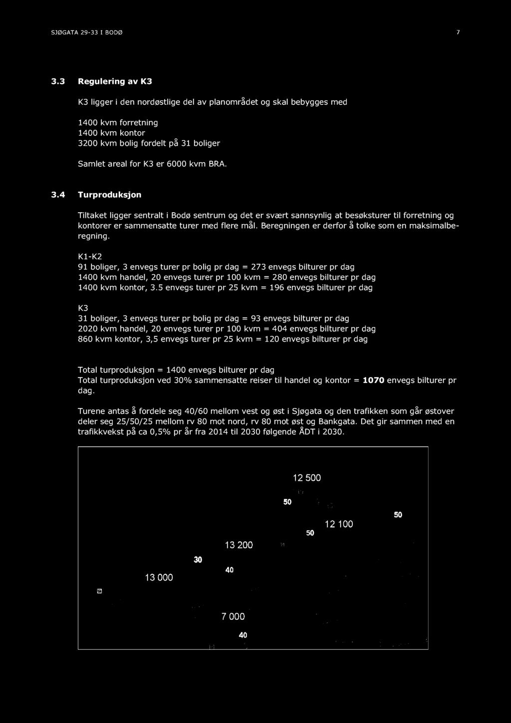 00 kvm bolig fordelt på 31 boliger Samlet areal for K3 er 6000 kvm BRA. 3.4 Turproduksjon Tiltaket ligger sentralt i Bodø sentrum og det er svært sannsynlig at besøksturer til forretning og kontorer er sammensatte turer med flere mål.