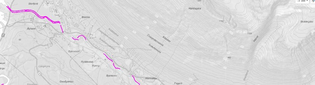 Vedlegg 3 Kartutsnitt av Kitdalselva, fra samløp med Sørdalselva og ned til sjøen, som viser omfanget av sikringstiltak (elveforbygninger markert med rødt).