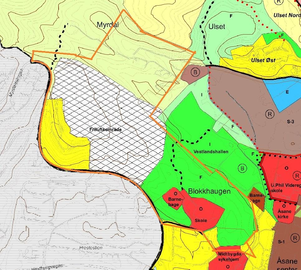 Figur 3 Det ubebygde arealet i planområdet er avsatt til friområde, friluftsområde og LNF-område i KDP. Reguleringsplaner, detaljregulering Åsane, del av gnr. 188 Myrdal og gnr.