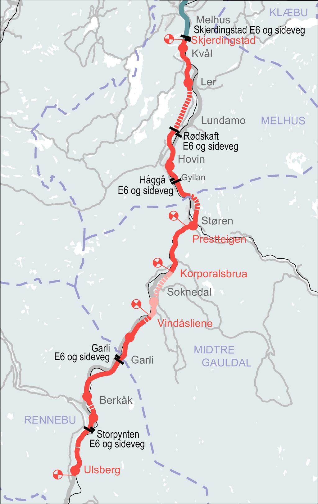 Figur 1: Prinsipiell plassering av bomsnitt på ny E6 Nye Veier AS vil i de kontinuerlige porteføljeprioriteringene avgjøre tidspunkt og rekkefølge på utbyggingen.