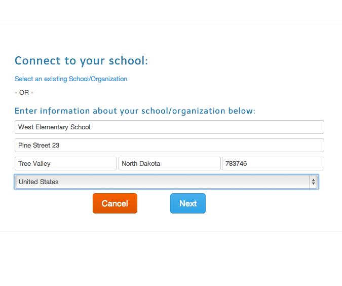 Du vil så få valget mellom å koble deg til en eksisterende skole eller organisasjon ( Select an existing School/Organization )