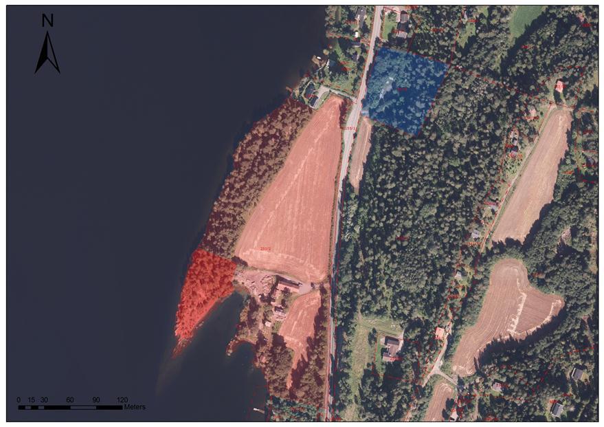 Illustrasjon 1: Flyfoto av tomt for minnested (rødt) og parkering (blått) 1.
