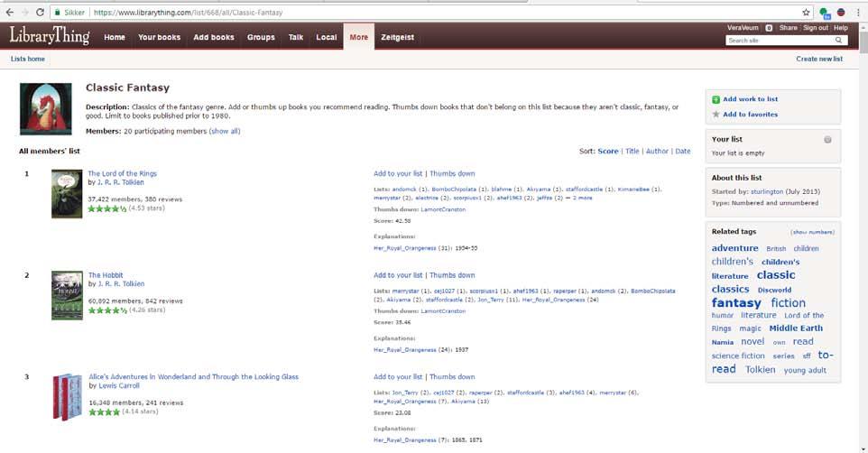 Bilde 1: Bilde 2: Bildet 1 viser resultatlisten over boklister ved søket "classic" i LibraryThing 09.05.2017.