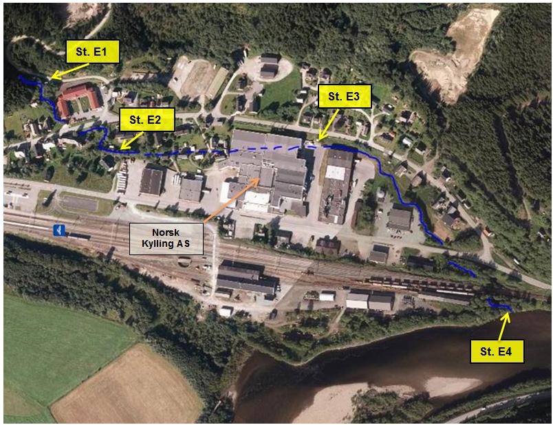 NIVA-rapport 7059-2016 Figur 4. Flyfoto av industriområdet med Enganbekken og prøvestasjoner. Fra stasjon E2 til E3 går bekken i en kulvert. 5.