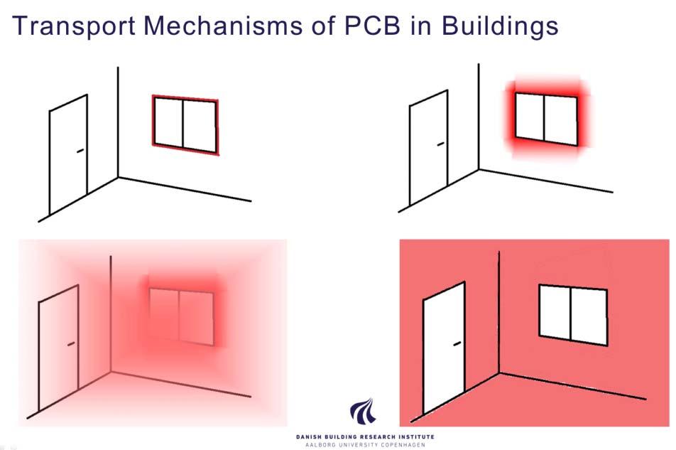 Figur 25 Illustrasjon på hvordan PCB sprer seg fra høy konsentrasjon i fugemasse rundt vindu, til lav konsentrasjon i hele rommet (illustrasjon: Nadja Lynge Lyng).
