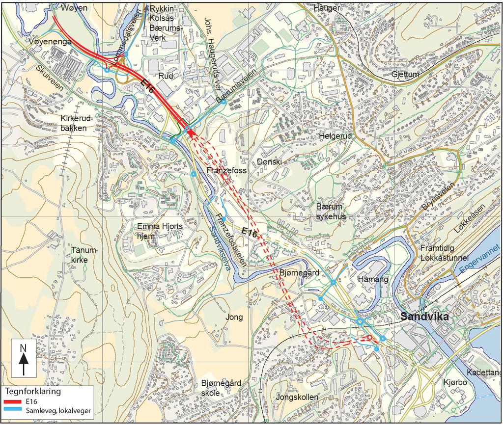 Figur 1 Illustrasjon av ny E16. E16 får funksjon som "Stamveg". For dagstrekningen på E16 har man tilpasset normalprofilet etter parsellen Wøyen - Bjørum som i dag er under bygging.