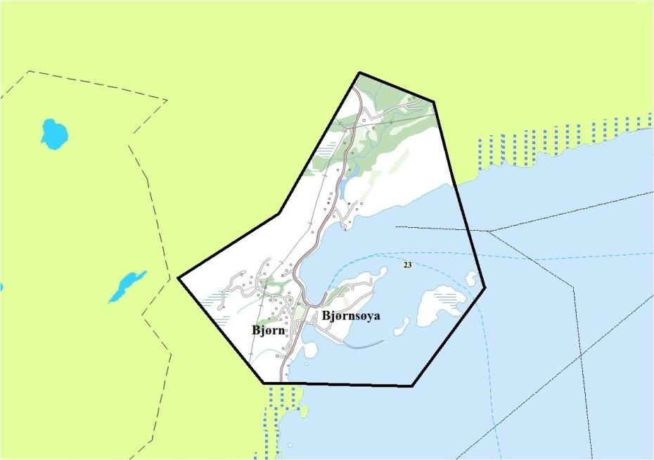 Beskrivelse av planområdet 2.1 Planområdets beliggenhet og avgrensning Planområdet ligger på Bjørn, som er tettsted og trafikknutepunkt sør-øst i Dønna kommune.