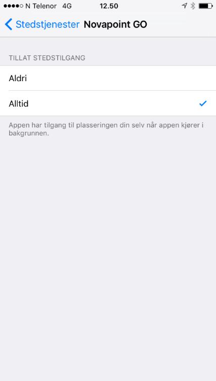 Instillinger på mobilen Husk å si JA til stedstjeneste PÅ, både for