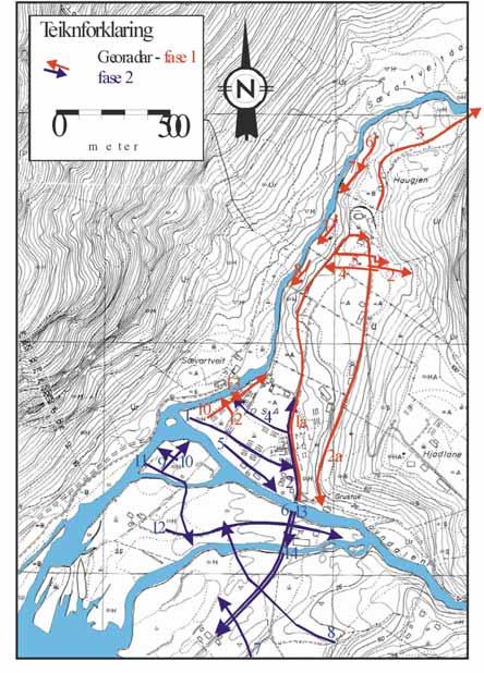 Figur 8: Plassering av georadarprofil i Osa. På nordsiden av Austdøla er det et karakteristisk trekk at mye av signalene er borte. Det samme finner man igjen i området ved de kommunale brønnene.