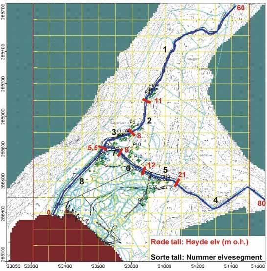 Elvestasjon Norddøla Elvestasjon Austdøla Figur 35: Figuren viser punktene hvor elvevannstand er overvåket samt beregnet inndeling av elvesegmenter. Linjene i figuren er terrengkoter.