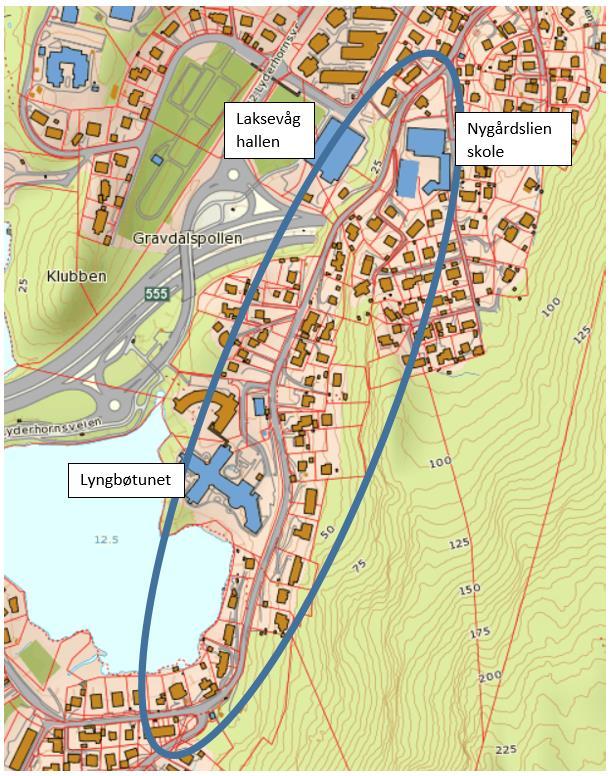 3 Planområdet Planområdet ligger i Laksevåg og omfatter deler av kommunal veg Lyngbøveien og tilliggende arealer.
