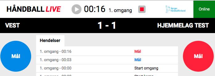 Mål - registrering For å registrere scoringer, klikker en på den runde knappen Mål under aktuelt lag.